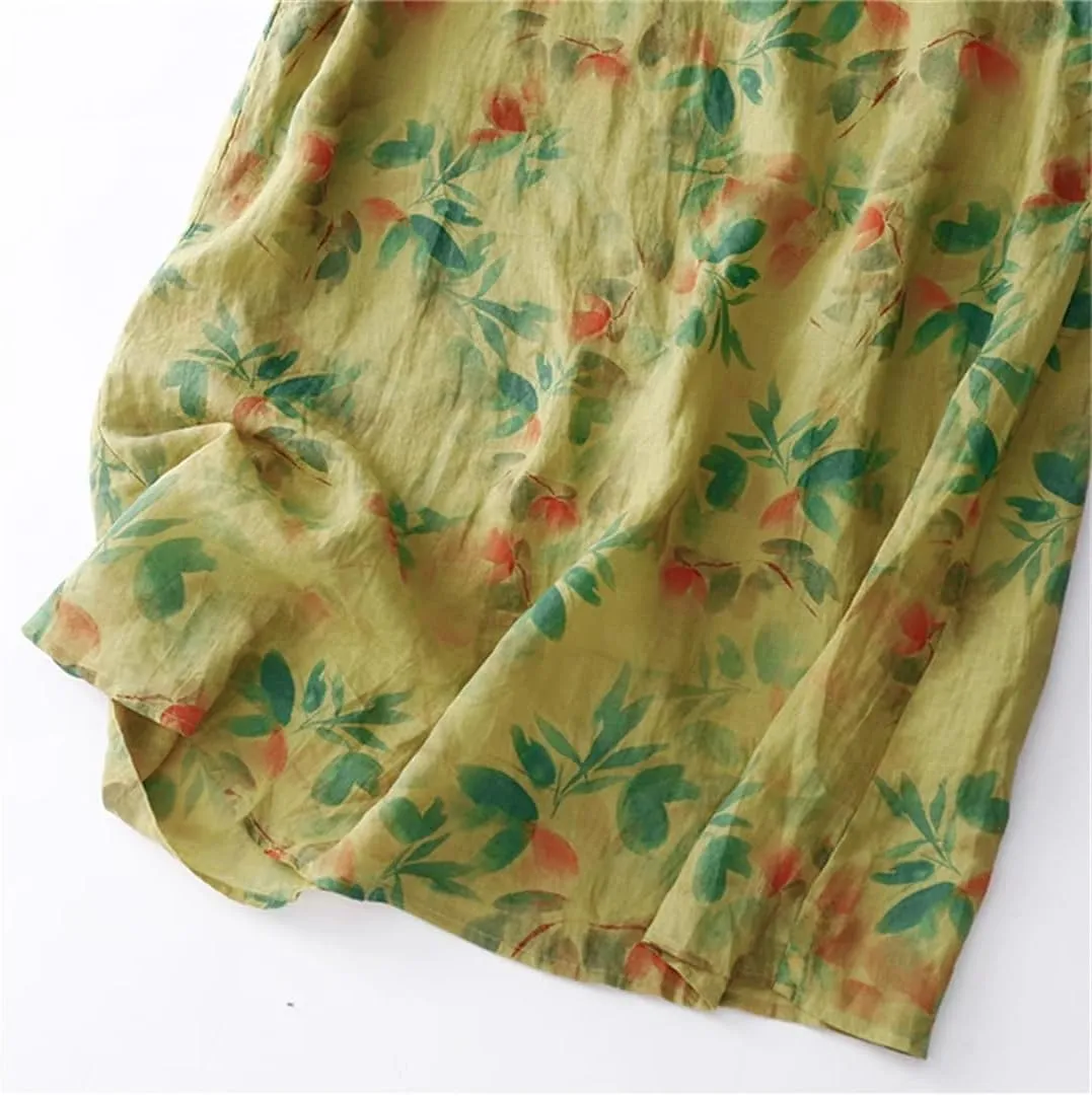 Women Print Floral Vintage Dresses V-Neck Midi Casual Long Thin A-Line Dress