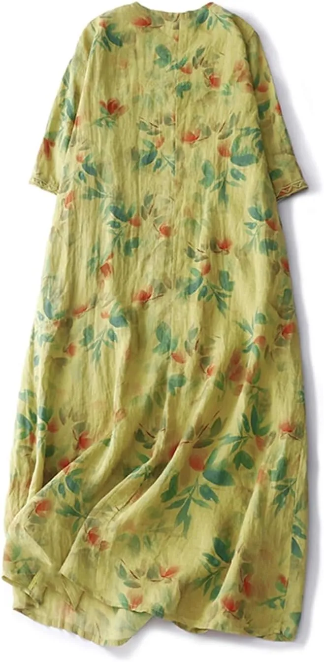 Women Print Floral Vintage Dresses V-Neck Midi Casual Long Thin A-Line Dress