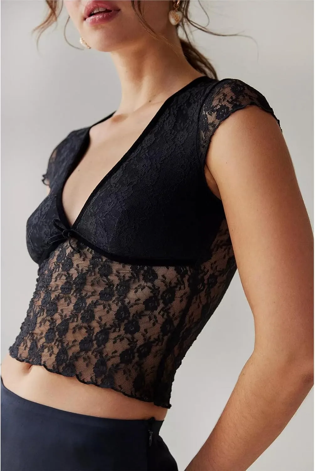 Women Short Sleeve Floral Lace Crop Top Y2k Sheer Mesh See Through T Shirts Fitted Going Out Tees Streetwear