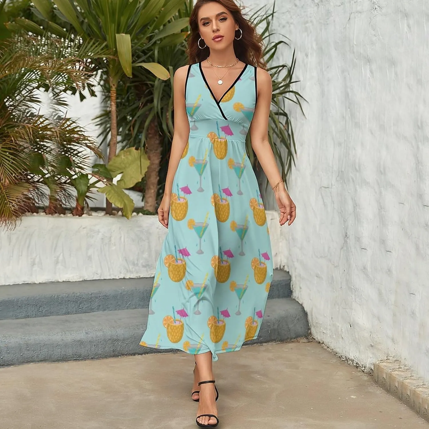 Women Summer Casual Sleeveless V Neck Alcoholic Cocktails Vintage Sundress Maxi Long Beach Dress