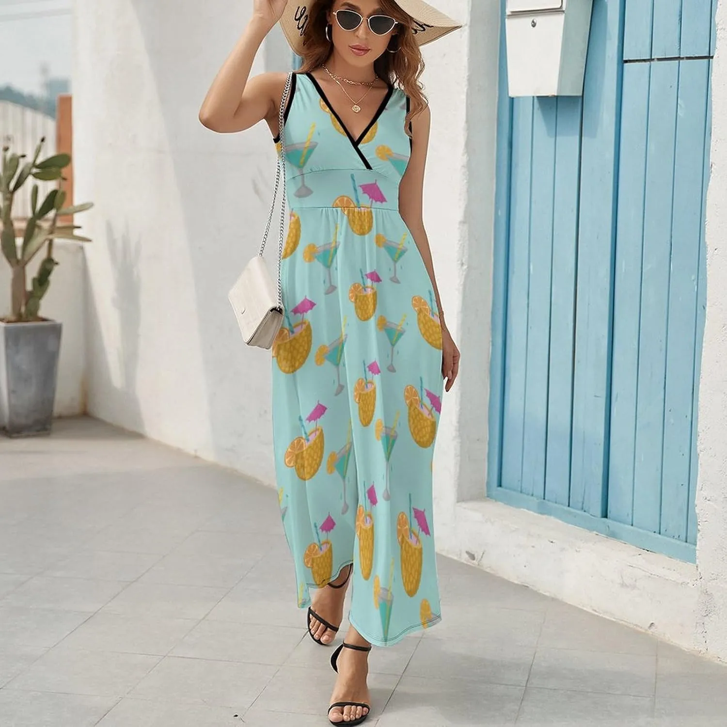 Women Summer Casual Sleeveless V Neck Alcoholic Cocktails Vintage Sundress Maxi Long Beach Dress