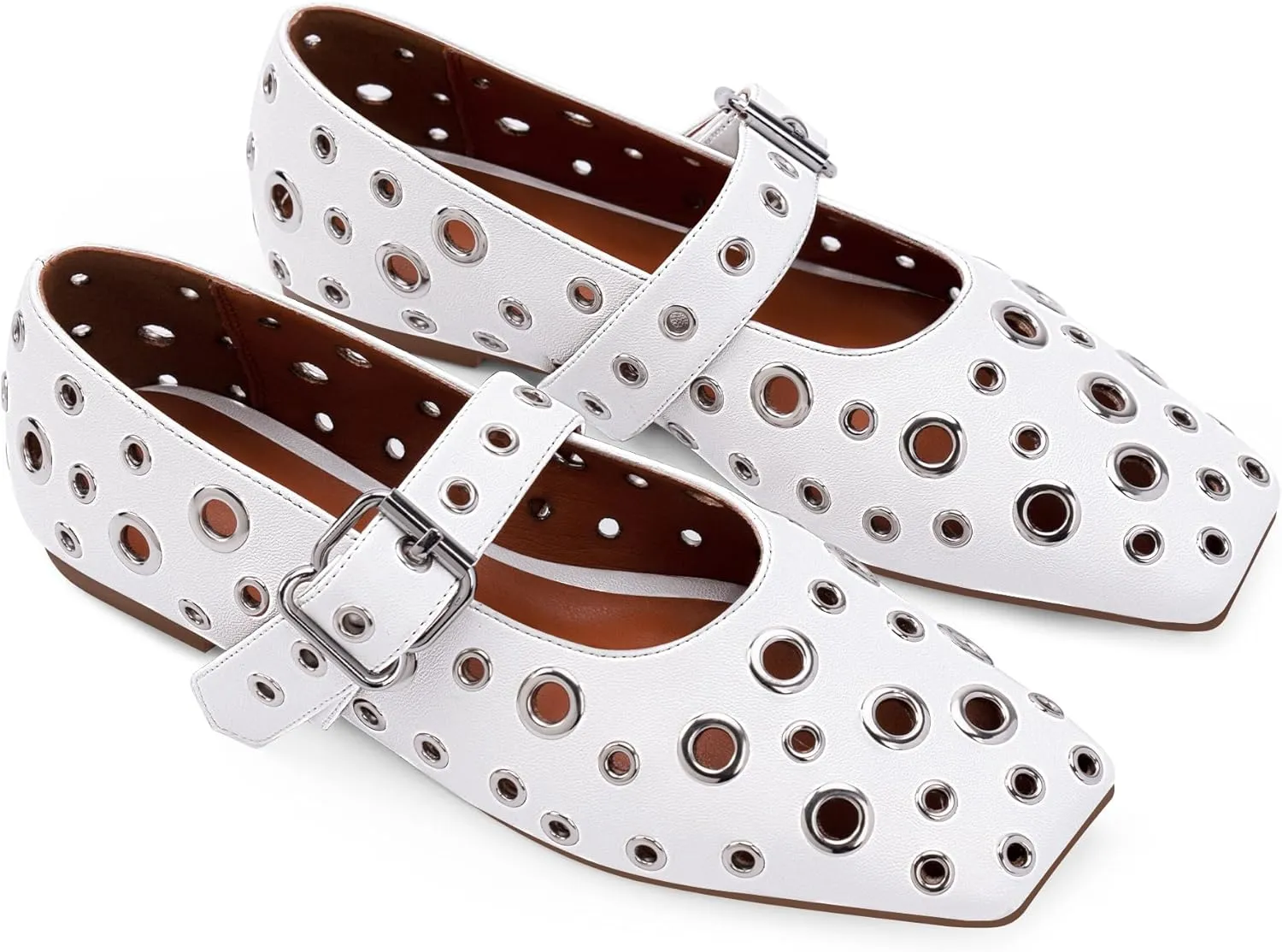 Women's Ballet Flats Studded Metal Eyelet Buckle Perforated Mary Jane Shoes