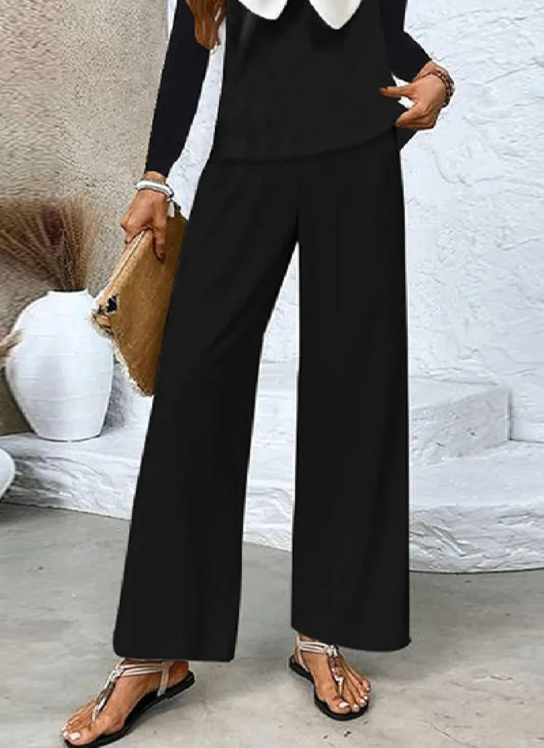 Women's Black and White Two Piece Set Summer Sexy Suits off the Shoulder Top Wide Leg Pants Elegant Lounge Clothes