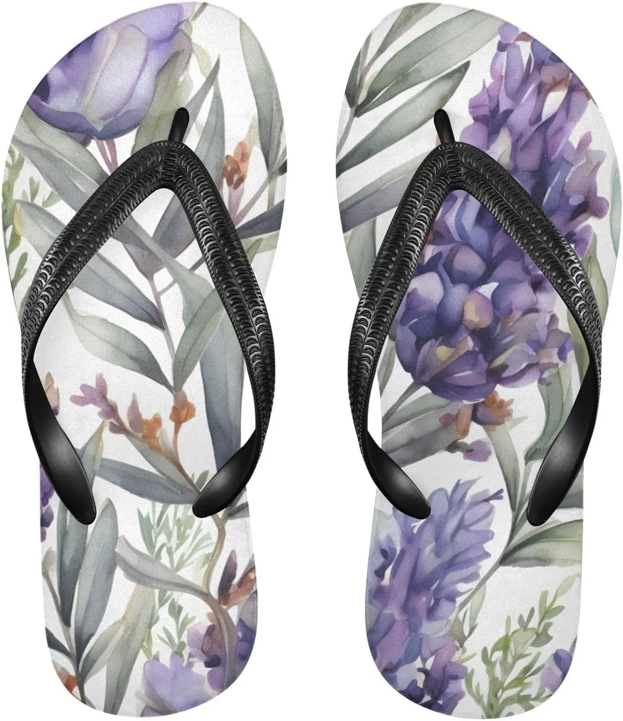 Women's Flip Flop Sandals Casual Summer Sandal, Mens Flip Flops for Beach Outdoor-Watercolor Lavenders Print