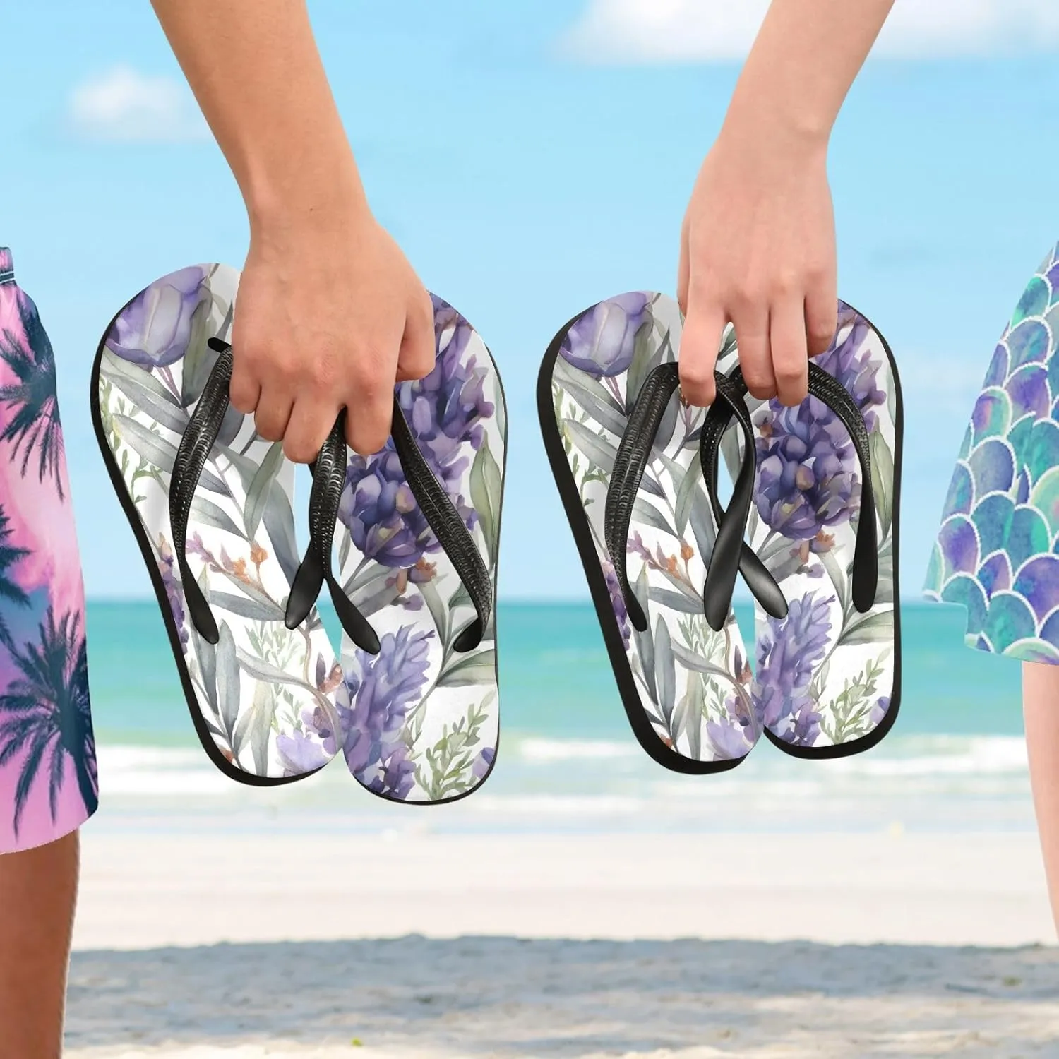 Women's Flip Flop Sandals Casual Summer Sandal, Mens Flip Flops for Beach Outdoor-Watercolor Lavenders Print