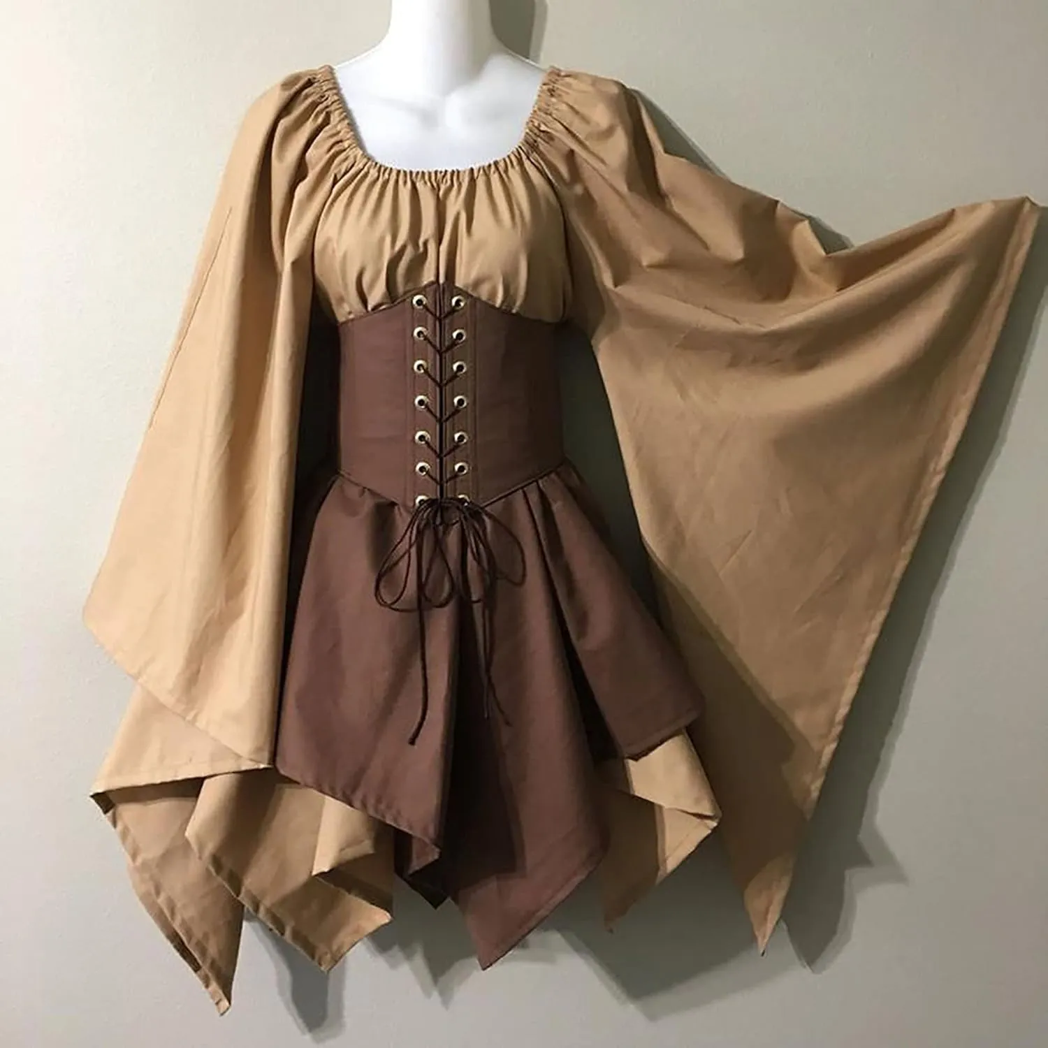 Women's Renaissance Medieval Dress Plus Size Flare Sleeve with Corset Halloween Victorian Dress