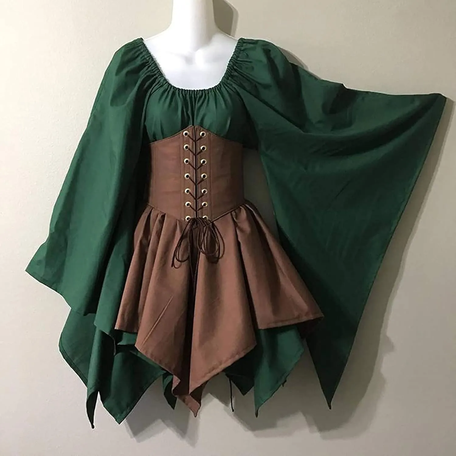 Women's Renaissance Medieval Dress Plus Size Flare Sleeve with Corset Halloween Victorian Dress