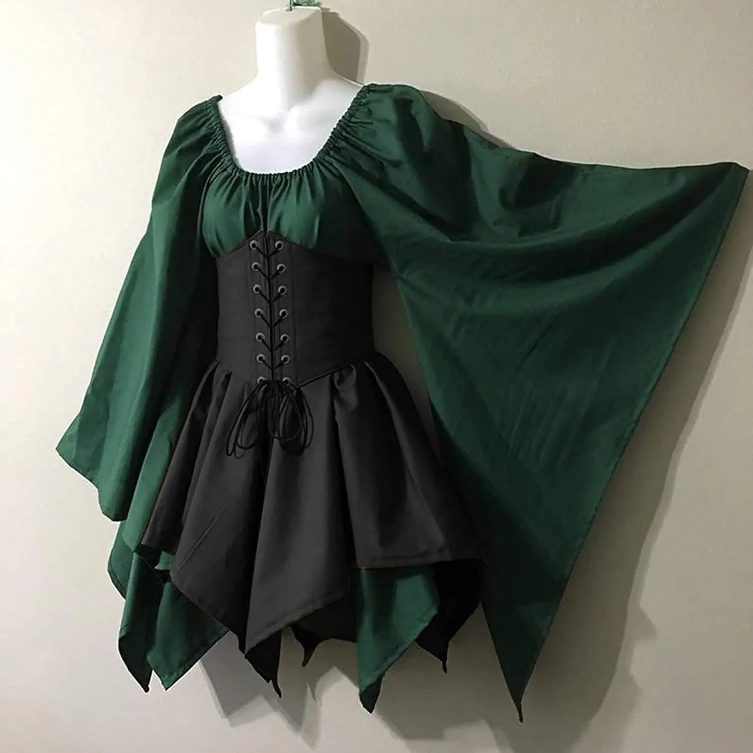 Women's Renaissance Medieval Dress Plus Size Flare Sleeve with Corset Halloween Victorian Dress