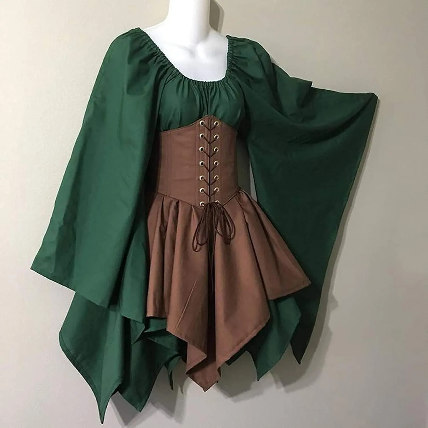 Women's Renaissance Medieval Dress Plus Size Flare Sleeve with Corset Halloween Victorian Dress