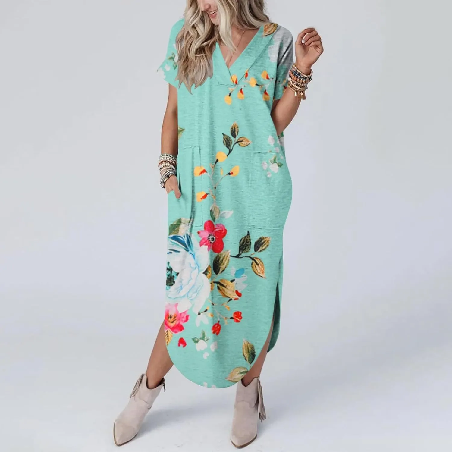 Womens Vintage Boho Sundress Casual V-Neck Short Sleeve Spring Summer Dresses Floral Printed Fashion Midi Dress