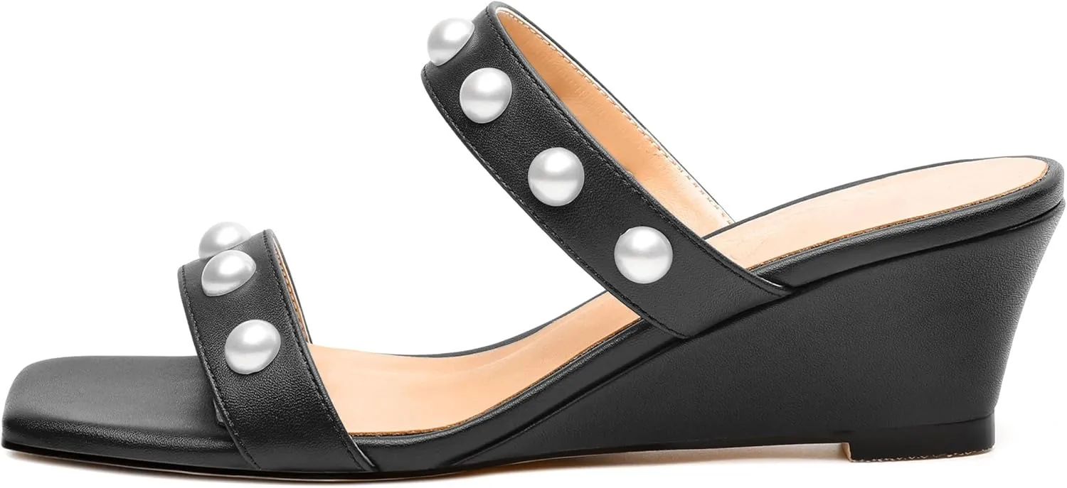 Womens Wedge Mid Heel Sandals, Open Toe Double Strap Leather Insole Sandals for Women, Slip-on Sandals with Pearls 2"