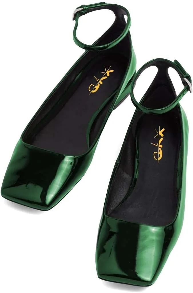 XYD Women Girls Closed Square Toe Flats Ankle Skinny Strap Buckle Glossy Chic Low Heel Casual Dress Shoes