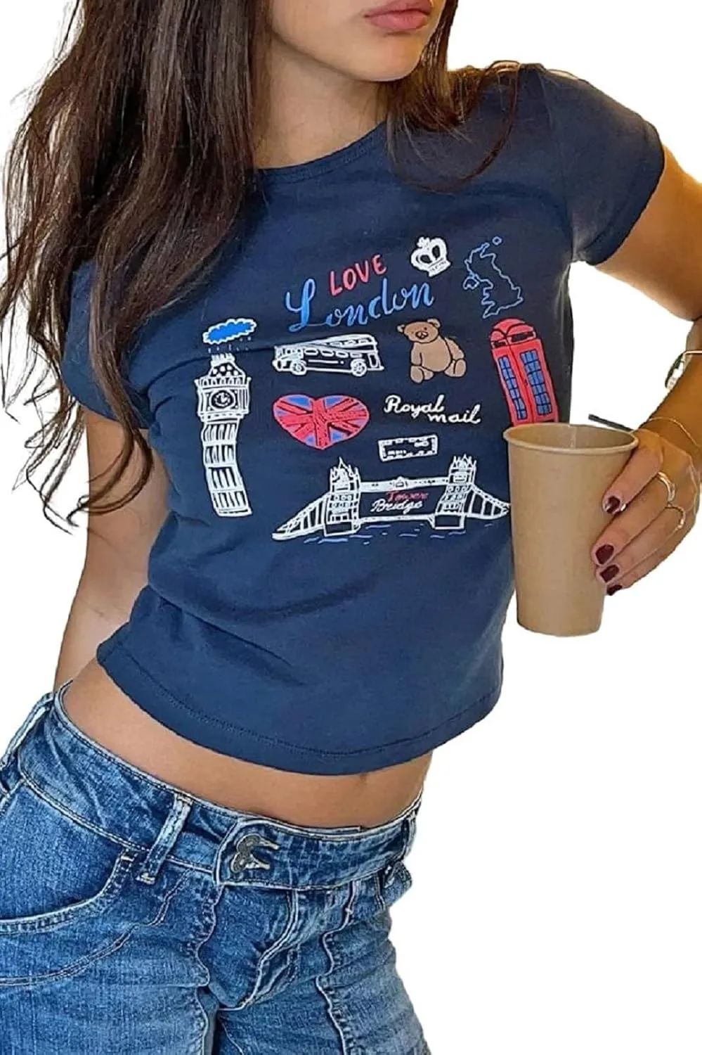 Y2k Baby Tees Women Short Sleeve Graphic Print Crop Tops E-Girls Vintage Aesthetic Tees Cute Summer Streetwear